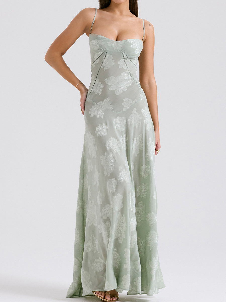 Derpai Elegantes langes Abendkleid mit Jacquardmuster und feinen Trägern – für Hochzeit