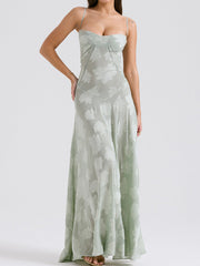 Derpai Elegantes langes Abendkleid mit Jacquardmuster und feinen Trägern – für Hochzeit