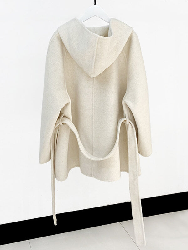 Derpai Eleganter Wollmantel mit Kapuze und Gürtel – Damenmantel