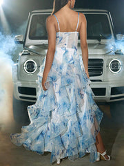 Derpai Maxi-Abendkleid aus Tüll mit Volants und Schlitz Blau – für Hochzeit