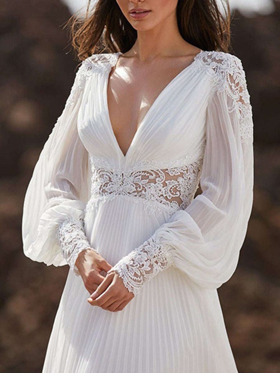 Derpai Prinzessinnen-Brautkleid aus Chiffon V-Ausschnitt Rückenfrei Boho-Stil