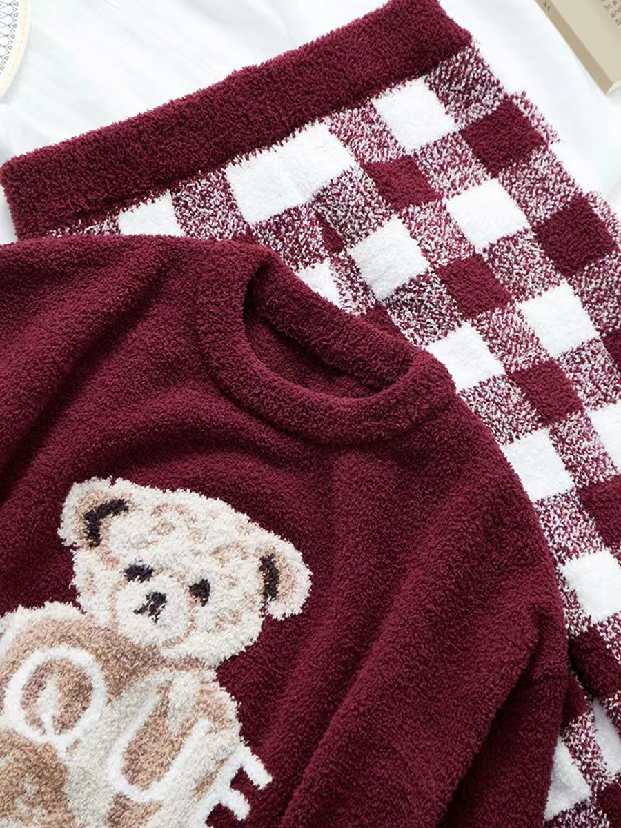 Derpai Pyjama-Set aus Fleece mit Bären-Karo-Muster Damen Weihnachten