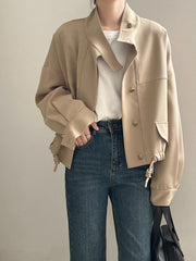 Derpai Kurze Jacke mit Tunnelzug Knopfleiste Taillierung und Stehkragen modisch Damen