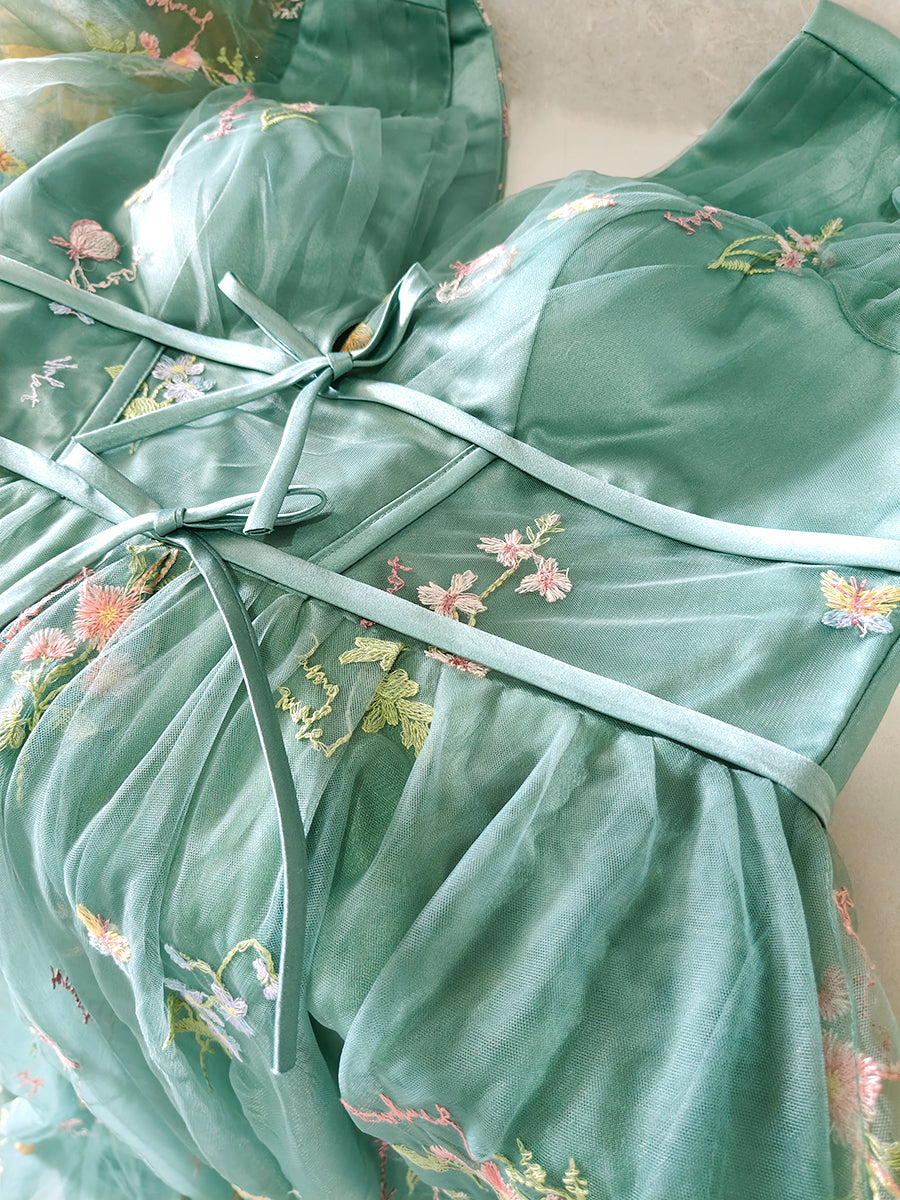 Derpai Maxi-Abendkleid im Bridgerton-Stil aus besticktem Tüll mit Puffärmeln Grün – für Hochzeit