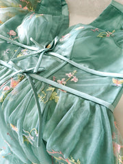 Derpai Maxi-Abendkleid im Bridgerton-Stil aus besticktem Tüll mit Puffärmeln Grün – für Hochzeit