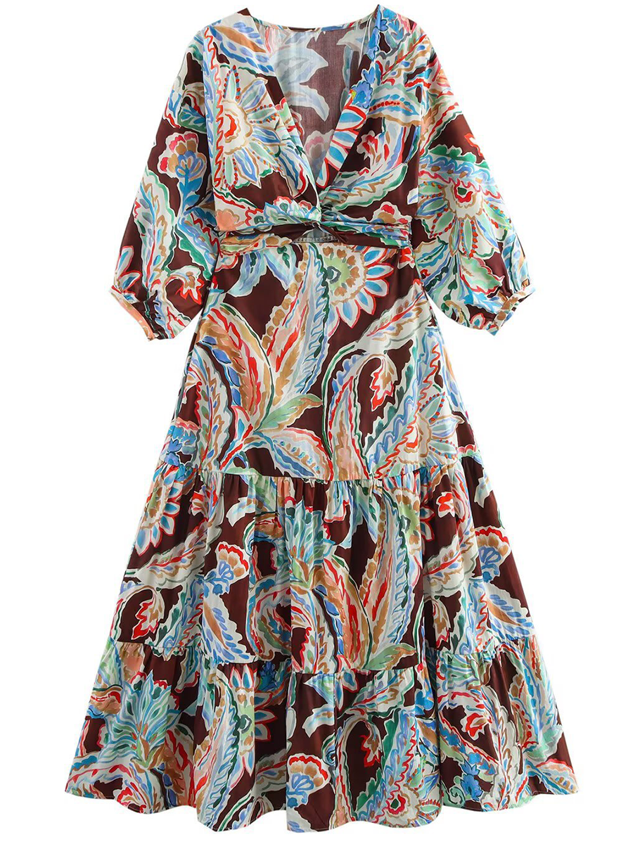 Derpai Lockeres langes Kleid Blumenprint V-Ausschnitt lange Ärmel Boho