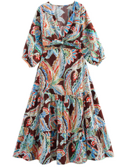 Derpai Lockeres langes Kleid Blumenprint V-Ausschnitt lange Ärmel Boho