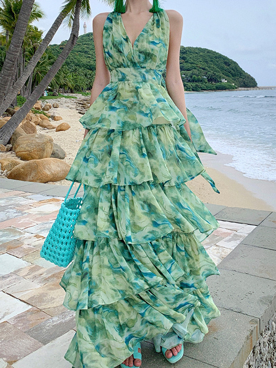 Derpai Langes Neckholder-Kleid mit Rüschen und Rückenausschnitt Grün
