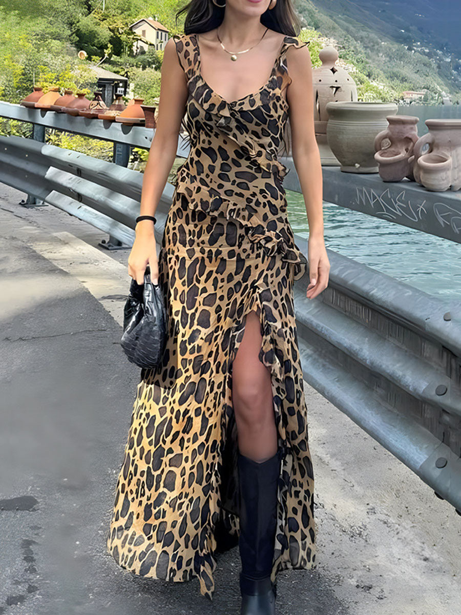 Derpai Langes Abendkleid mit Leopardenprint Rüschen und Schlitz modisch