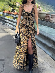 Derpai Langes Abendkleid mit Leopardenprint Rüschen und Schlitz modisch
