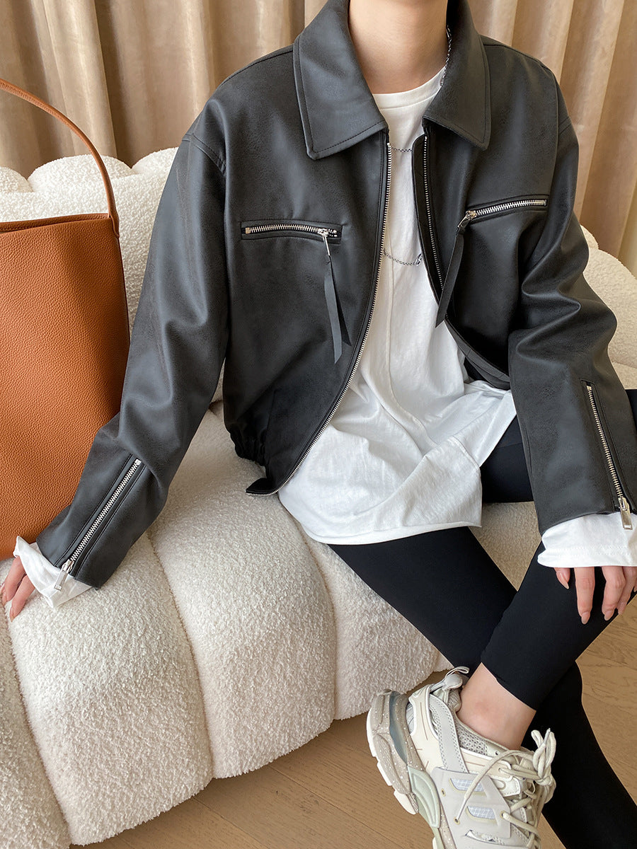 Derpai Damenjacke aus PU-Leder mit Reißverschluss Vintage-Stil