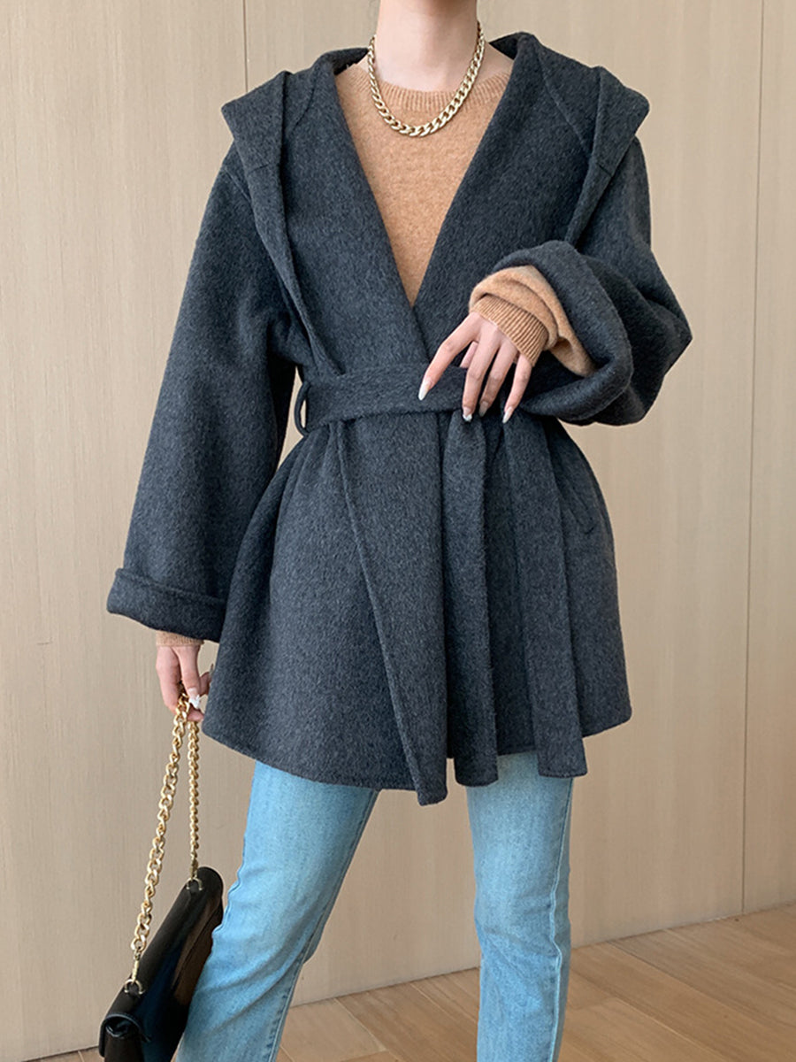 Derpai Modischer Wollmantel mit Gürtel und Kapuze Damen