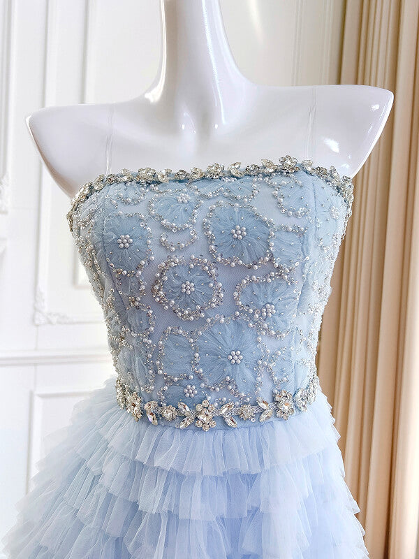Derpai Zartes langes Ballkleid aus Tüll in Pastellblau mit Perlen & Strass