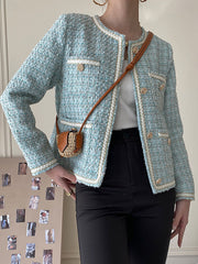 Derpai Kurze Tweedjacke mit Knopfleiste und Taschen Damen elegant Blau