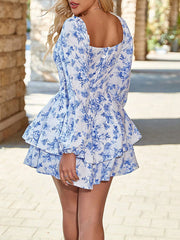Derpai Mini-Kleid mit Blumenprint eckigem Ausschnitt langen Ärmeln und Rüschen – für Cocktail