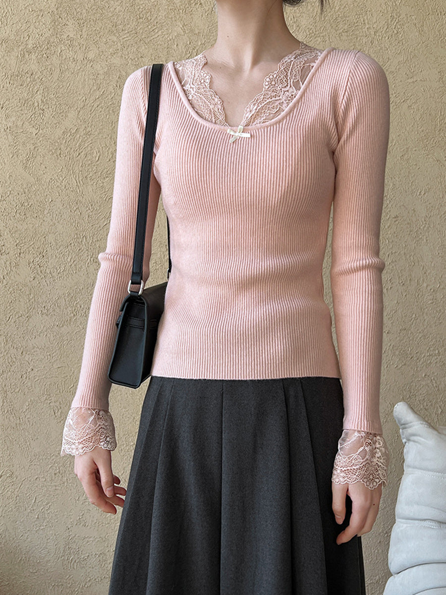 Derpai Strickpullover mit Spitzenmuster V-Ausschnitt ausgestellte Ärmel elegant