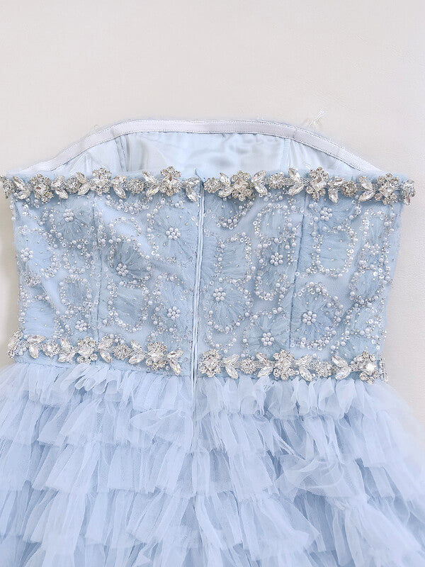 Derpai Zartes langes Ballkleid aus Tüll in Pastellblau mit Perlen & Strass