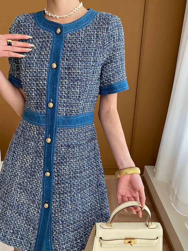 Derpai Mini-Tweedkleid aus Denim mit Rundhalsausschnitt & Taschen – für Abschlussball