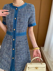 Derpai Mini-Tweedkleid aus Denim mit Rundhalsausschnitt & Taschen – für Abschlussball