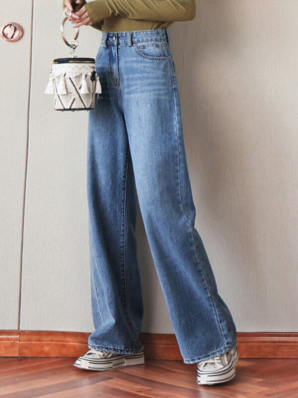 Derpai Weit geschnittene Jeans mit Schlag Taschen & Reißverschluss – Damen