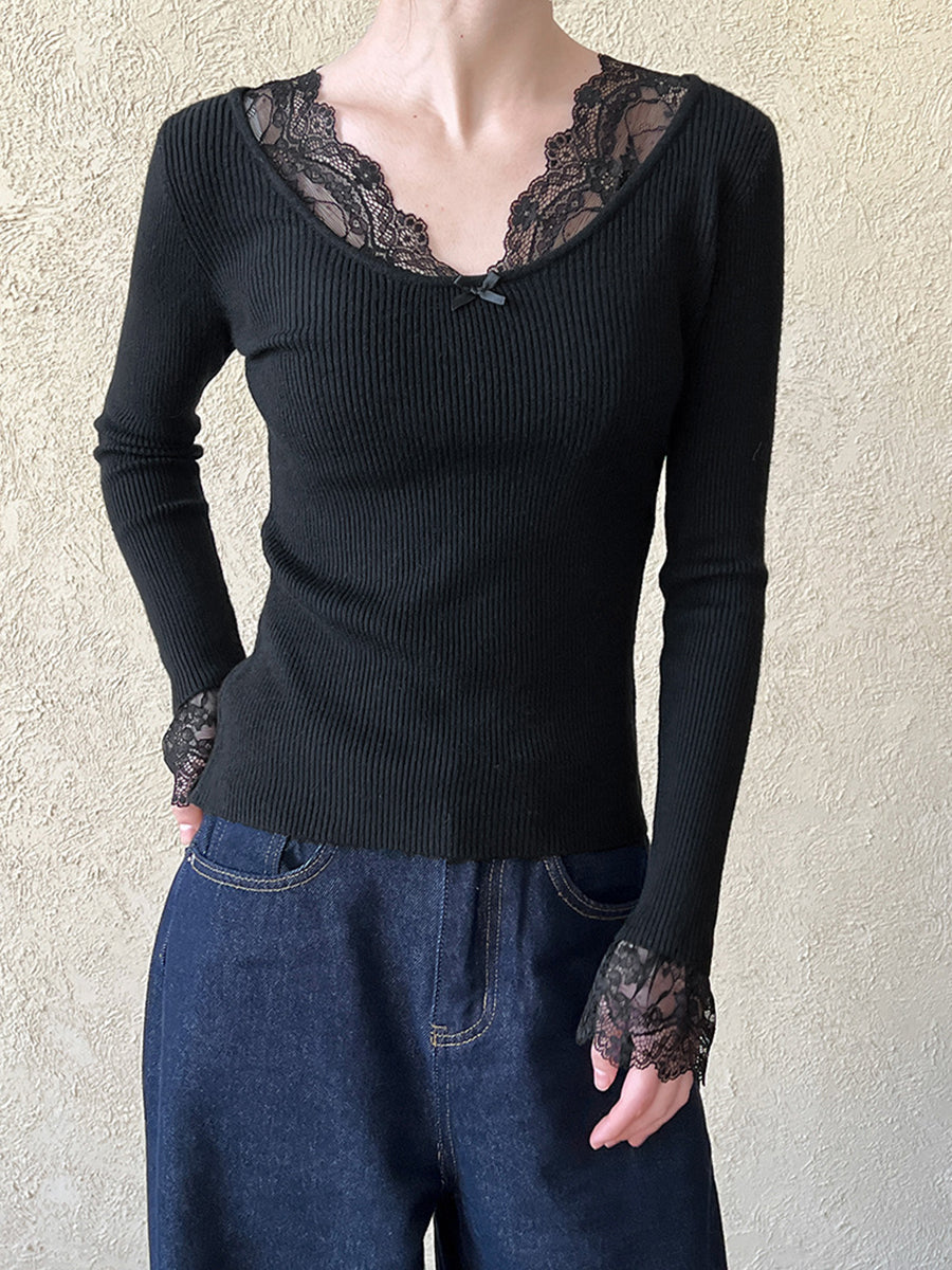 Derpai Strickpullover mit Spitzenmuster V-Ausschnitt ausgestellte Ärmel elegant