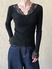 Derpai Strickpullover mit Spitzenmuster V-Ausschnitt ausgestellte Ärmel elegant