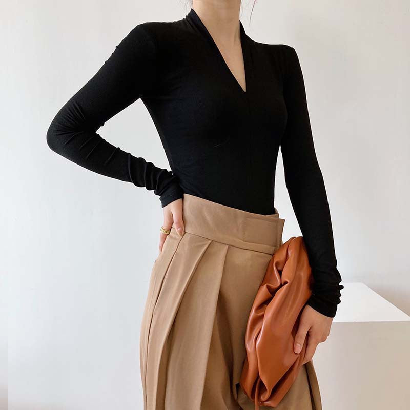 Derpai Geripptes Stricktop mit V-Ausschnitt und langen Ärmeln Damen