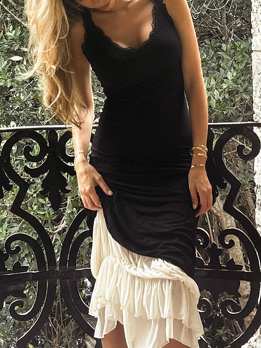 Derpai Figurbetontes langes Abendkleid mit Rüschen und schwarzer Spitze – für Hochzeit
