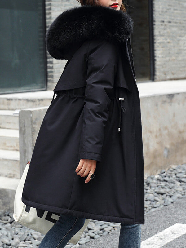 Derpai Lange Parka mit Fleece-Futter Taschen und Kapuze Damen Winter
