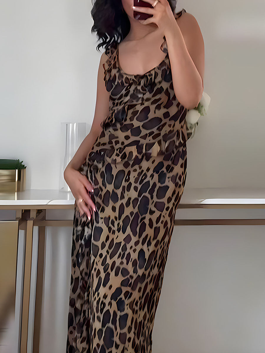 Derpai Langes Abendkleid mit Leopardenprint Rüschen und Schlitz modisch