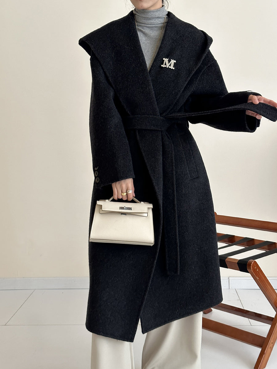 Derpai Langer Wollmantel mit Taschen Gürtel und Kapuze Damen