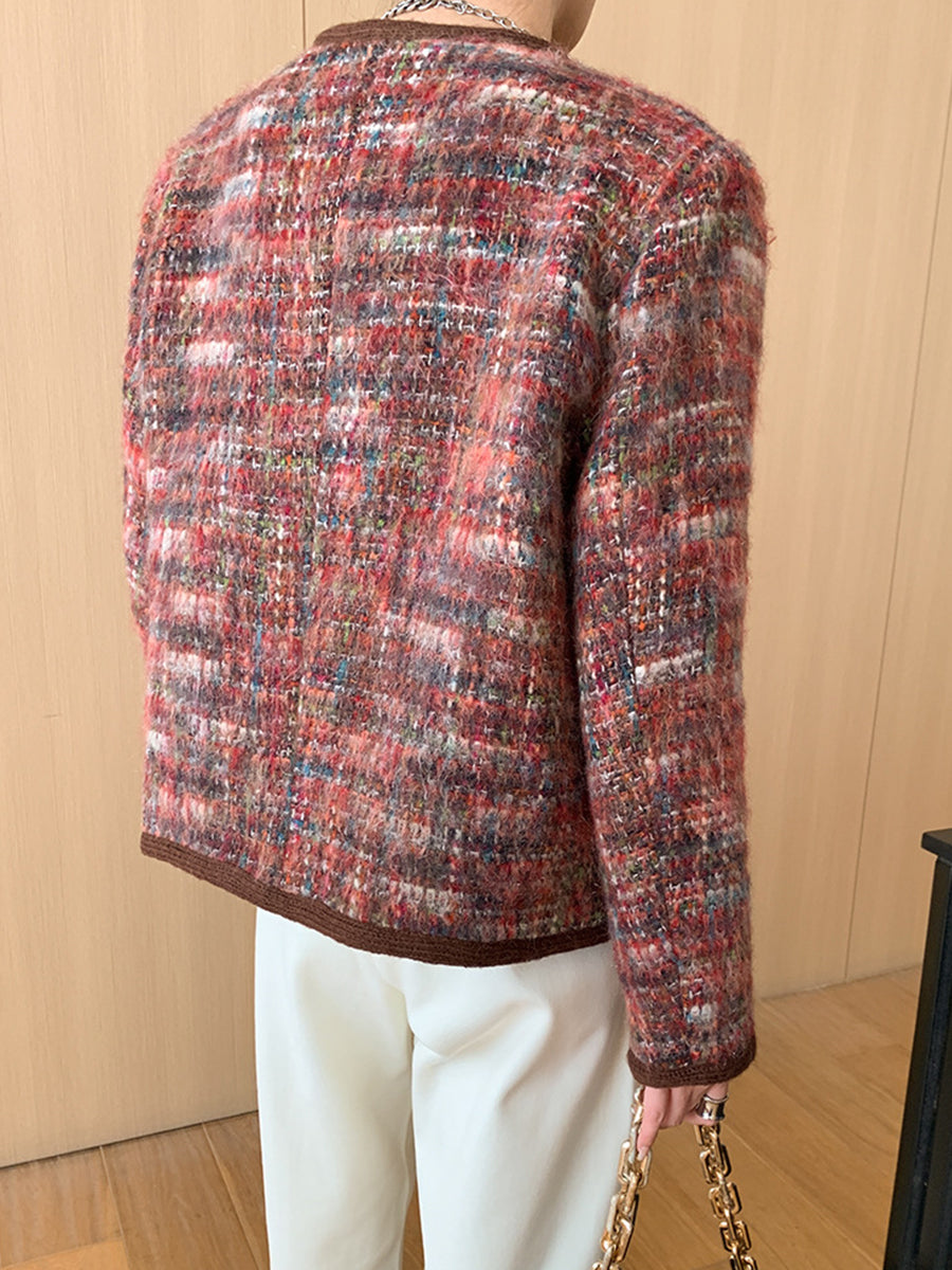 Derpai Karierte Tweedjacke mit kontrastierendem Besatz Damen Rot elegant Weihnachten