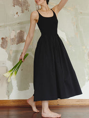 Derpai Schwarzes Trapez-Abendkleid mit feinen Trägern lang