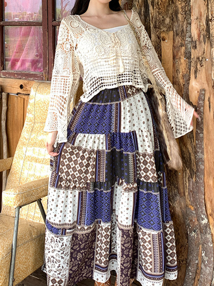 Derpai Langer geblümter Maxirock im Ethno-Stil Violett Damen Boho