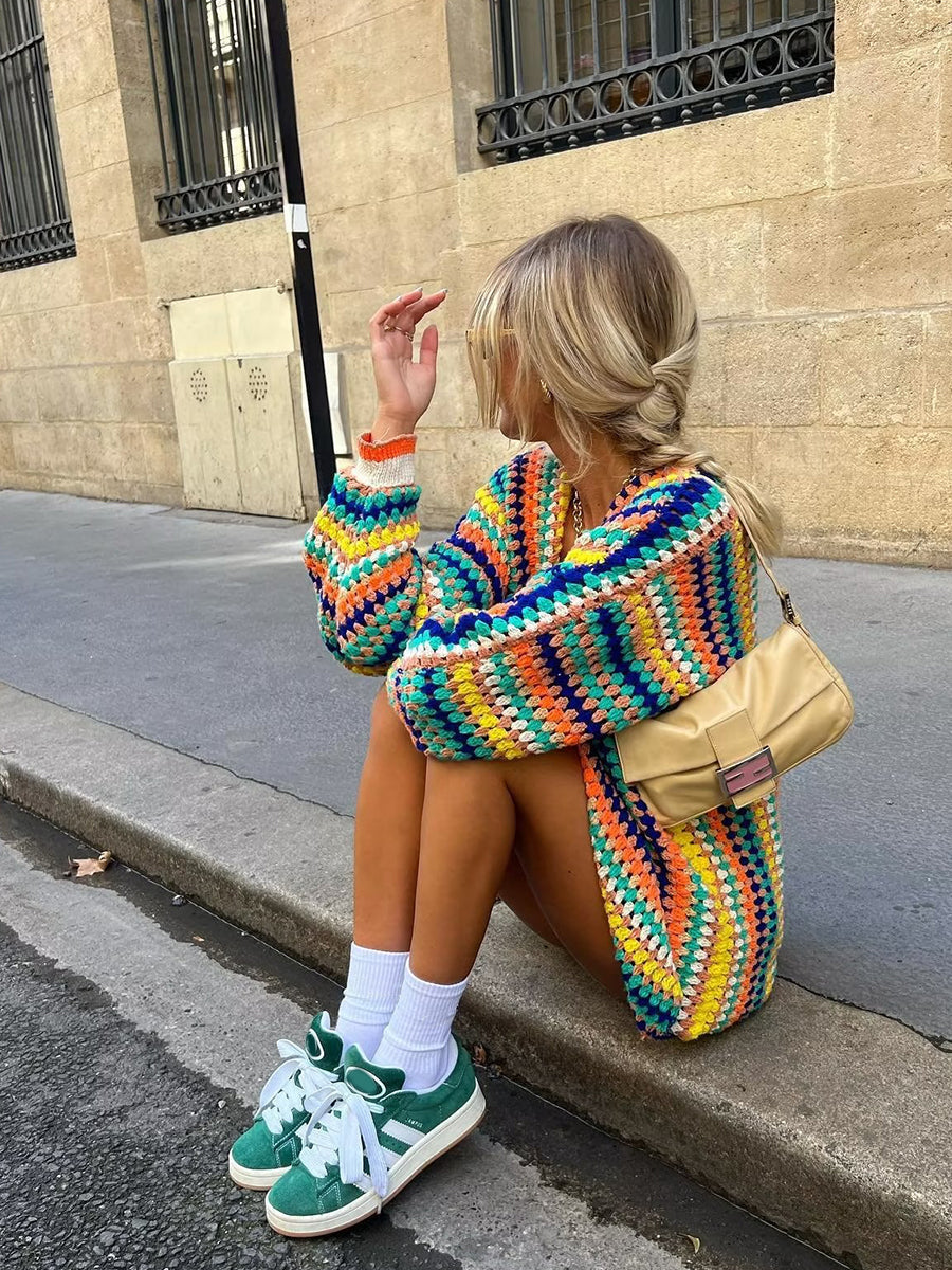 Derpai Strickjacke mit Regenbogenstreifen Damen locker casual