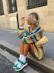 Derpai Strickjacke mit Regenbogenstreifen Damen locker casual