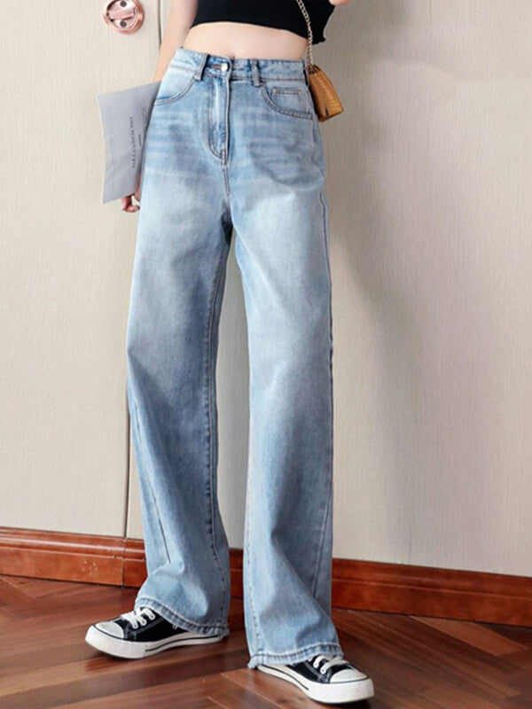 Derpai Weit geschnittene Jeans mit Schlag Taschen & Reißverschluss – Damen
