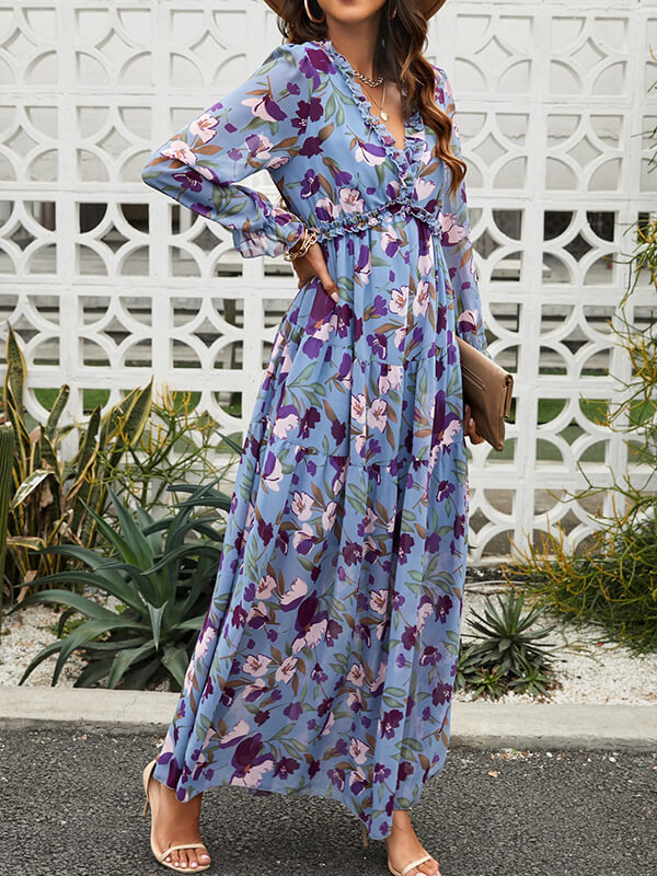 Derpai Langes Kleid aus Chiffon mit Blumenmuster langen Ärmeln & V-Ausschnitt – elegant