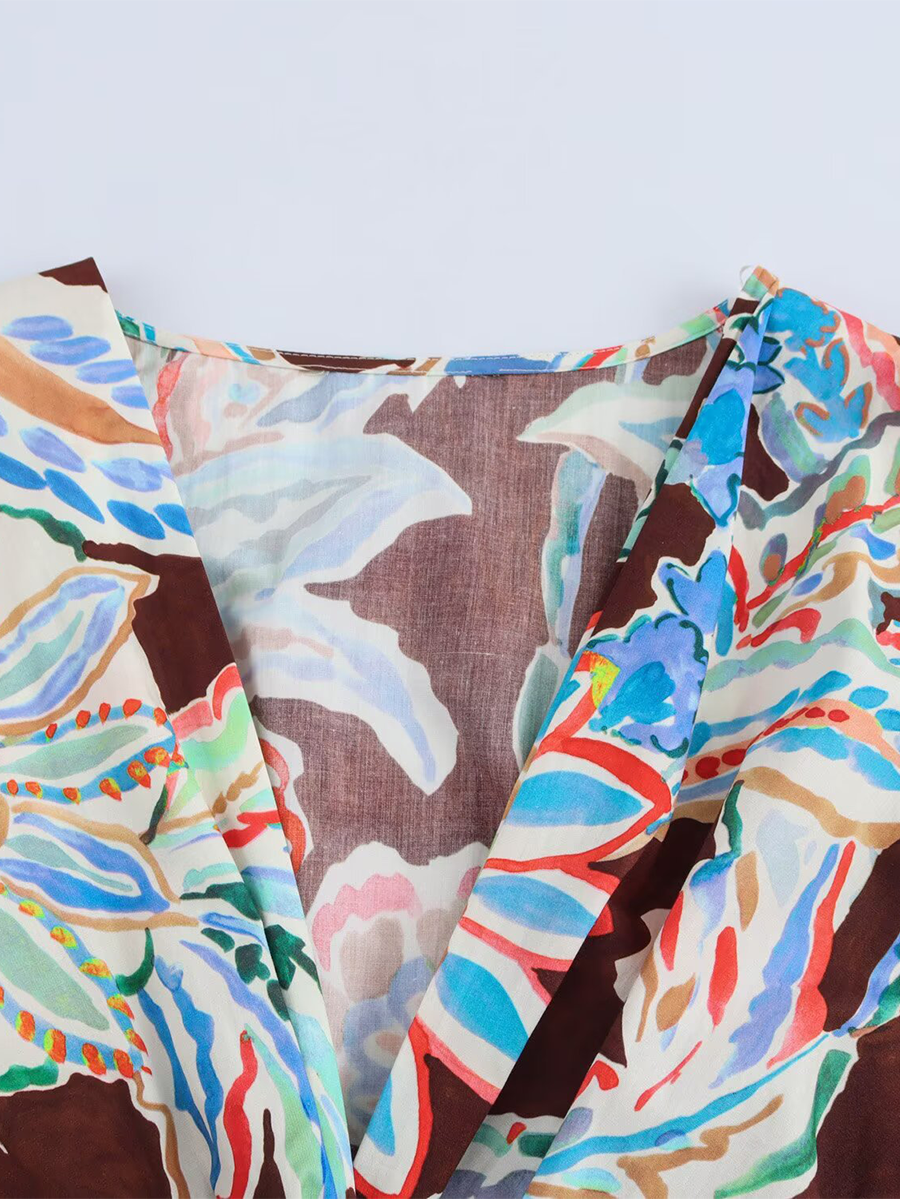 Derpai Lockeres langes Kleid Blumenprint V-Ausschnitt lange Ärmel Boho