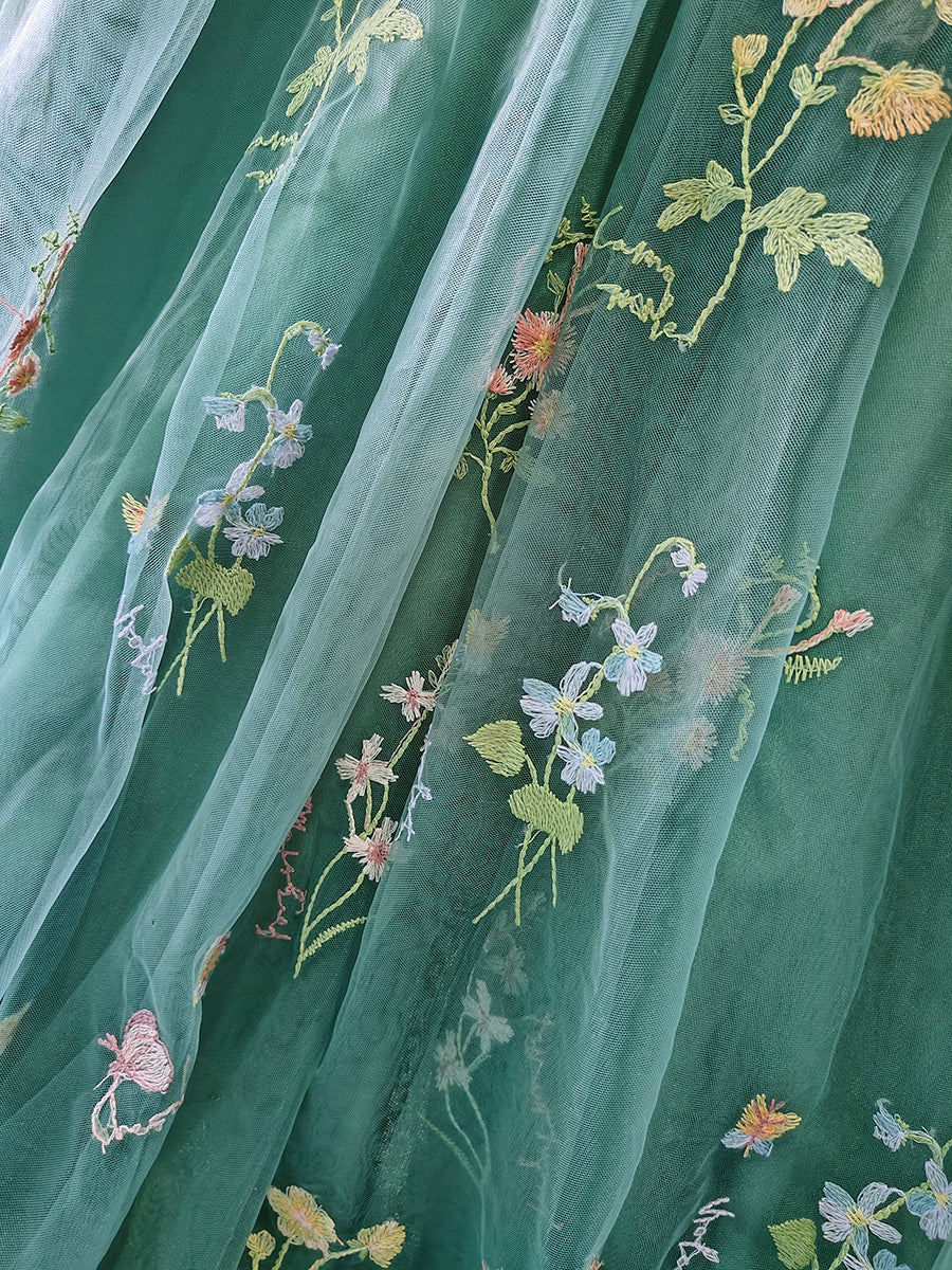 Derpai Maxi-Abendkleid im Bridgerton-Stil aus besticktem Tüll mit Puffärmeln Grün – für Hochzeit