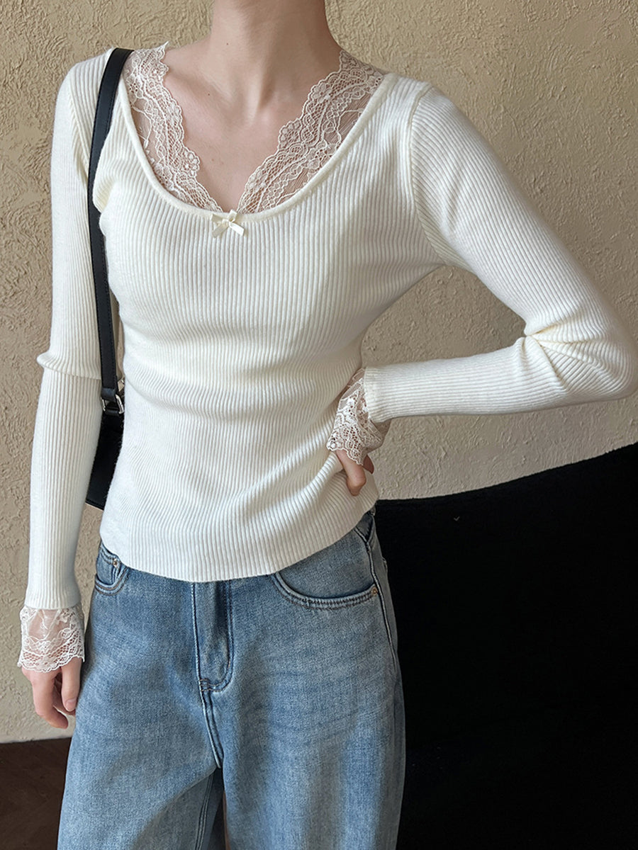 Derpai Strickpullover mit Spitzenmuster V-Ausschnitt ausgestellte Ärmel elegant