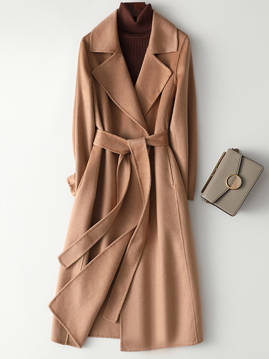 Derpai Langer Oversized-Wollmantel mit Gürtel und Taschen Damen