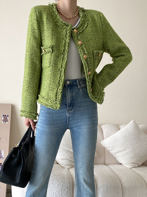 Derpai Kurze Tweedjacke mit Knöpfen Rundhalsausschnitt und Taschen Damen