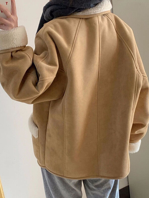 Derpai Oversize-Fliegerjacke aus Wildlederimitat mit Fleece-Futter – Damenmantel