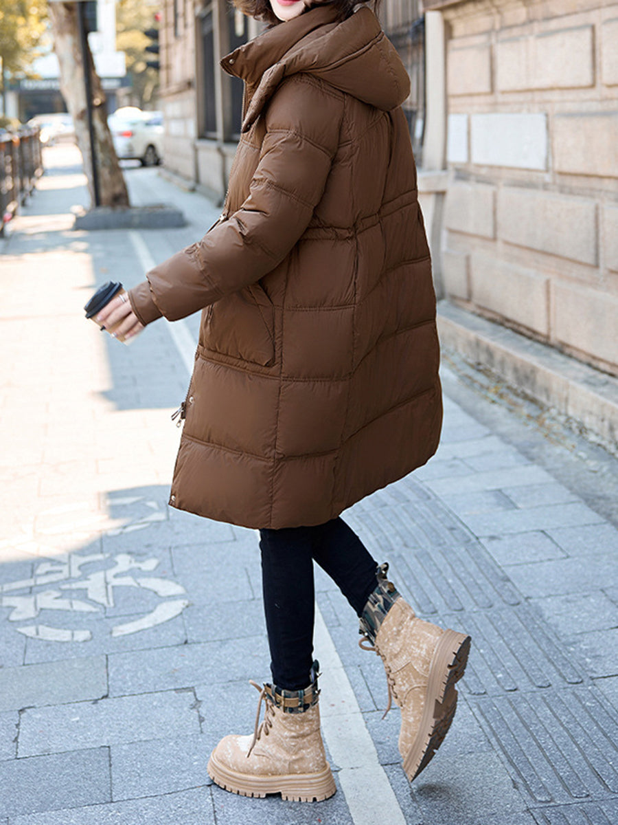 Derpai Langer Baumwollmantel mit Taschen und Kapuze Damen Winter