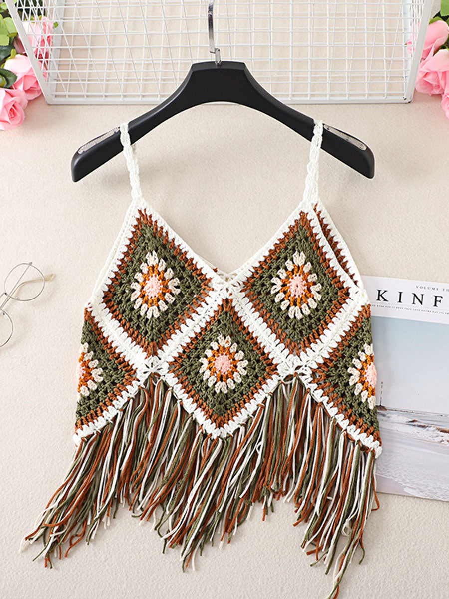 Derpai Boho-Crochet-Top mit dekorativen Fransen – für Urlaub & Strand