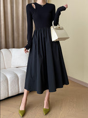 Derpai Schwarzes langes Kleid im Trapezstil mit Cut-Outs & langen Ärmeln