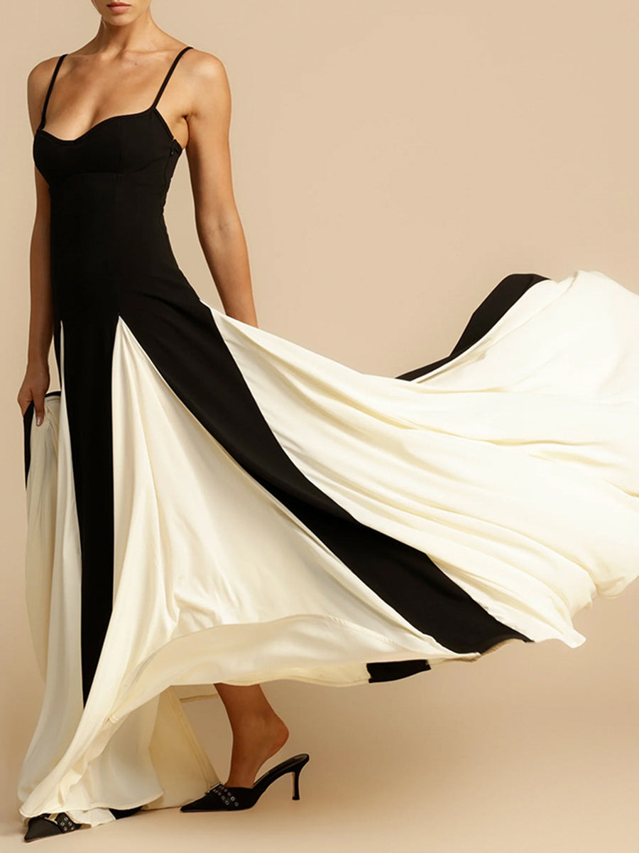 Derpai Zweifarbiges langes Kleid in Schwarz-Weiß dünne Träger elegant Abendmode
