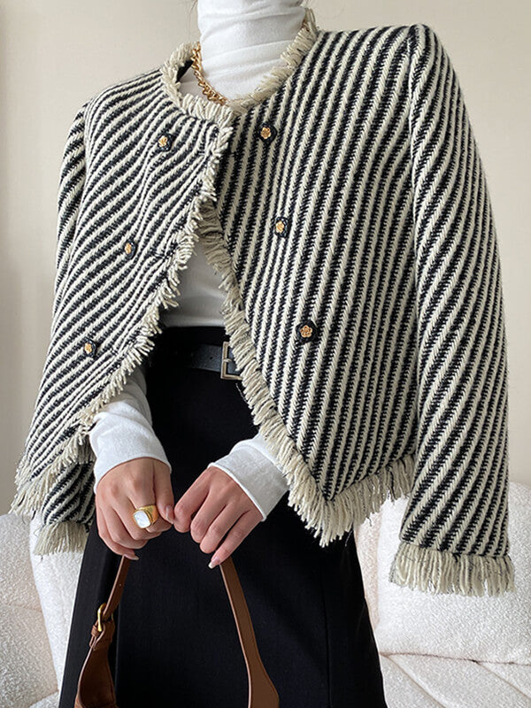 Derpai Kurze Tweedjacke mit Fransen Streifen und Taschen Damen elegant