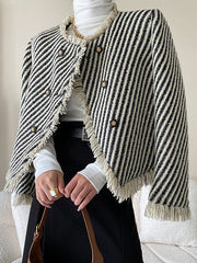 Derpai Kurze Tweedjacke mit Fransen Streifen und Taschen Damen elegant